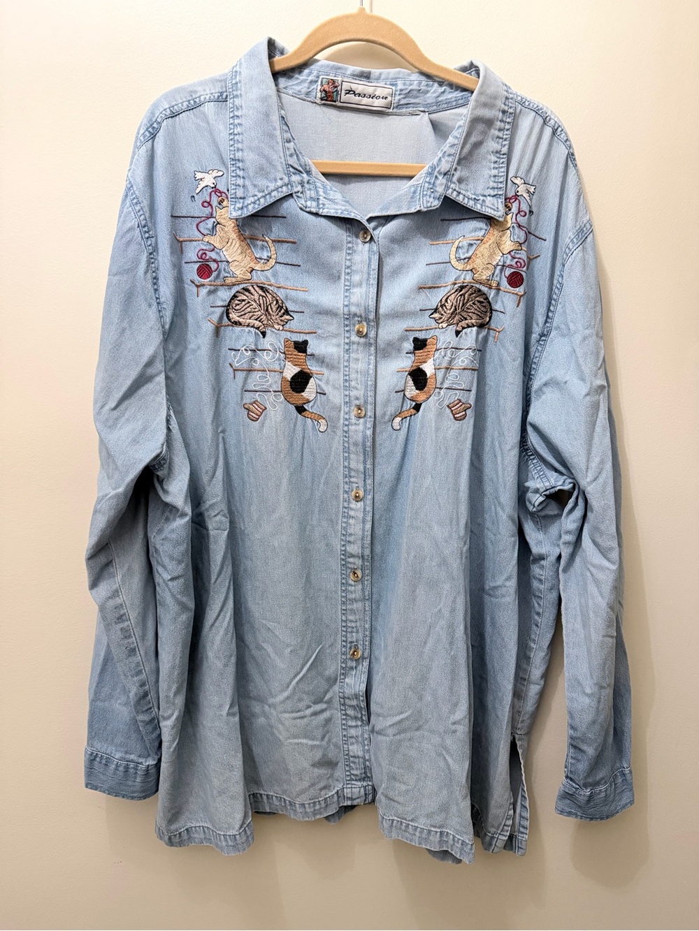Vintage 90s Embroidered Cat Kitty Lady Denim Button Up Shirt Orange Calico 3x 4x